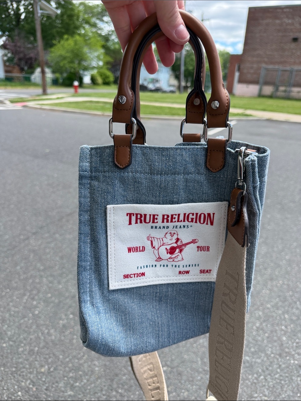 True Religion Denim Mini Tote with Brown Handles and Red Logo